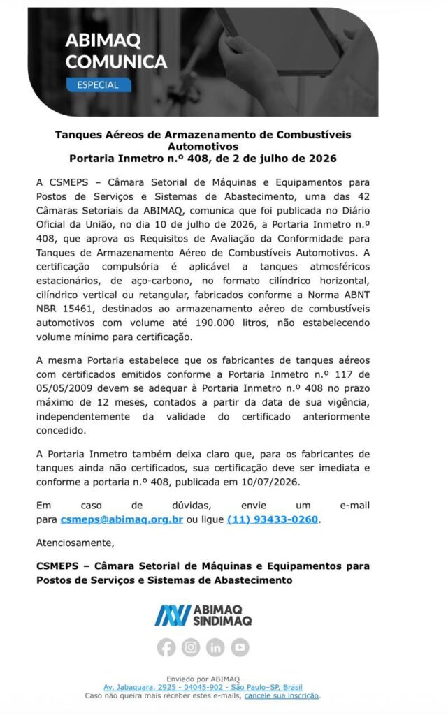 Comunicado ABIMAQ sobre tanques aéreos de armazenamento de combustíveis automotivos